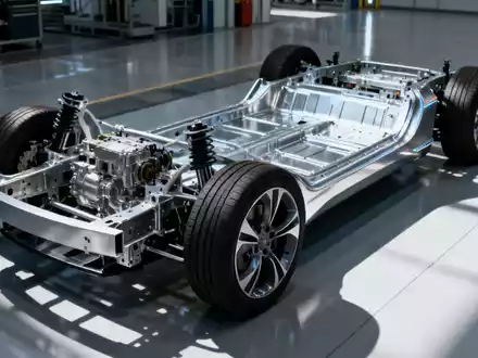 Ein teilweise montiertes silbernes Auto-Chassis auf einem modernen Fabrikboden, umgeben von Maschinen. - Foto: über boerse-global.de