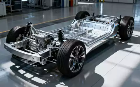 Ein teilweise montiertes silbernes Auto-Chassis auf einem modernen Fabrikboden, umgeben von Maschinen. - Foto: über boerse-global.de