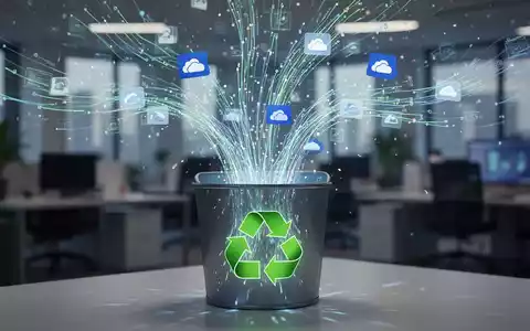 Digital illustration showing data flowing into a recycling bin, with OneDrive logos, set against a blurred office background. - Foto: über boerse-global.de