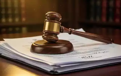 Ein hölzerner Richterhammer liegt auf einem Stapel juristischer Dokumente, goldenes Licht beleuchtet die Szene. - Foto: über boerse-global.de