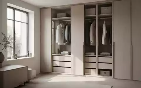 Ein ordentliches, minimalistisches Zimmer mit einem organisierten Kleiderschrank, der Kleidung in neutralen Tönen enthält. - Foto: über boerse-global.de