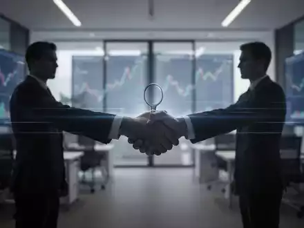 Symbolbild für einen CEO-Wechsel: Zwei Silhouetten bei einer Übergabe, im Hintergrund ein modernes Büro mit Finanzdaten. - Foto: über boerse-global.de