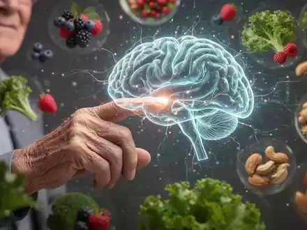 Eine Ă€ltere Hand berĂŒhrt ein abstraktes, leuchtendes Gehirnhologramm, umgeben von verschwommenen gesunden Lebensmitteln. - Foto: ĂŒber boerse-global.de