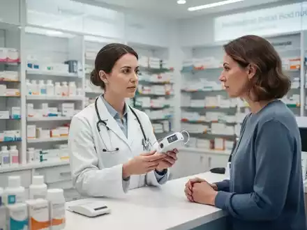 Ein Apotheker berĂ€t eine Patientin in einer modernen Apotheke, die neue Gesundheitsleistungen anbietet. - Foto: ĂŒber boerse-global.de