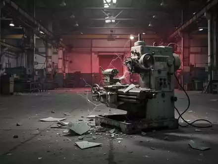 Eine leere, dĂŒster beleuchtete Fabrikhalle mit einer kaputten Maschine im Vordergrund, die wirtschaftliche Not symbolisiert. - Foto: ĂŒber boerse-global.de
