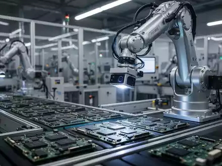 Ein Roboterarm mit Kamerasystem inspiziert präzise elektronische Bauteile auf einem Förderband in einer modernen Fabrikhalle. - Foto: über boerse-global.de