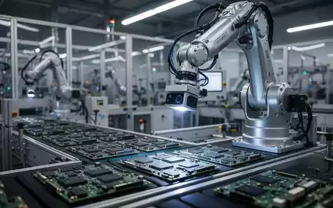 Ein Roboterarm mit Kamerasystem inspiziert präzise elektronische Bauteile auf einem Förderband in einer modernen Fabrikhalle. - Foto: über boerse-global.de