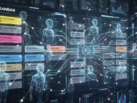 Ein futuristisches digitales Kanban-Board mit leuchtenden Datenströmen und vernetzten Knoten. Holografische KI-Agenten verschieben Karten. - Foto: über boerse-global.de
