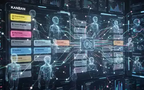 Ein futuristisches digitales Kanban-Board mit leuchtenden Datenströmen und vernetzten Knoten. Holografische KI-Agenten verschieben Karten. - Foto: über boerse-global.de