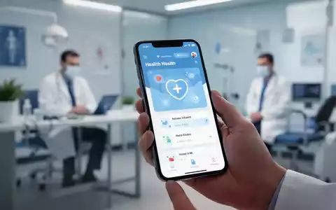Eine Hand hält ein Smartphone mit einer digitalen Gesundheits-App, im Hintergrund eine Arztpraxis, die Digitalisierung im Gesundheitswesen darstellend. - Foto: über boerse-global.de