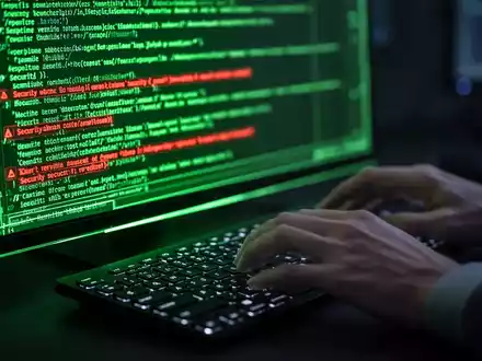A close-up of a computer terminal screen displaying code with security warnings, with hands on a keyboard. - Foto: über boerse-global.de