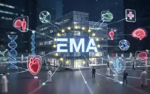Abstrakte Darstellung des EMA-Gebäudes oder -Logos mit leuchtenden Linien, die unscharfe medizinische Symbole verbinden. - Foto: über boerse-global.de