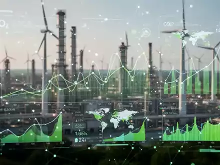 Eine digitale Schnittstelle zeigt CO2-Graphen und globale Marktindikatoren vor einem unscharfen Hintergrund aus Industrieanlagen und grüner Energieinfrastruktur. - Foto: über boerse-global.de