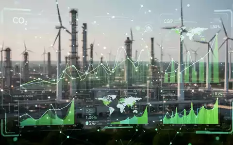 Eine digitale Schnittstelle zeigt CO2-Graphen und globale Marktindikatoren vor einem unscharfen Hintergrund aus Industrieanlagen und grüner Energieinfrastruktur. - Foto: über boerse-global.de