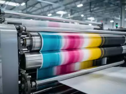 Nahaufnahme einer modernen Druckmaschine in Betrieb, die industrielle Effizienz und den Rebound im verarbeitenden Gewerbe symbolisiert. - Foto: über boerse-global.de