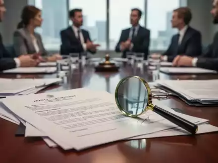 Nahaufnahme von juristischen Dokumenten und einem Vergrößerungsglas auf einem Konferenztisch, mit verschwommenen Personen im Hintergrund. - Foto: über boerse-global.de