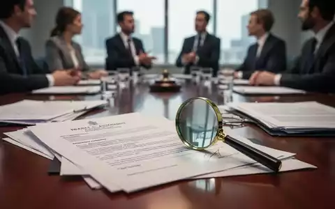 Nahaufnahme von juristischen Dokumenten und einem Vergrößerungsglas auf einem Konferenztisch, mit verschwommenen Personen im Hintergrund. - Foto: über boerse-global.de