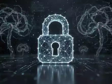 Ein stilisiertes digitales Schloss-Symbol, das aus miteinander verbundenen Datenpunkten und Linien besteht, leuchtet auf einer dunklen, reflektierenden Oberfläche. Im Hintergrund sind abstrakte Darstellungen von Cyber-Bedrohungen zu sehen. - Foto: über boerse-global.de