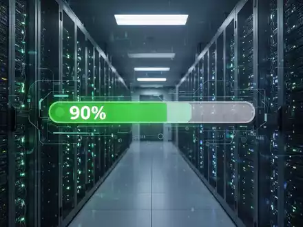 Ein hochmodernes Rechenzentrum mit leuchtenden Server-Racks und einer digitalen Anzeige, die 90 % Fortschritt anzeigt. - Foto: über boerse-global.de
