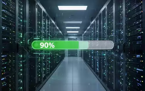 Ein hochmodernes Rechenzentrum mit leuchtenden Server-Racks und einer digitalen Anzeige, die 90 % Fortschritt anzeigt. - Foto: über boerse-global.de