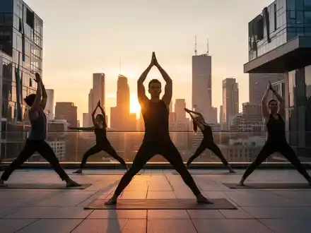 Silhouetten von Personen, die Yoga auf einem modernen Dach bei Sonnenuntergang vor einer Stadtkulisse praktizieren. - Foto: über boerse-global.de