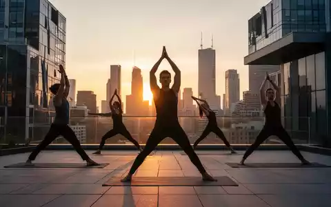 Silhouetten von Personen, die Yoga auf einem modernen Dach bei Sonnenuntergang vor einer Stadtkulisse praktizieren. - Foto: über boerse-global.de