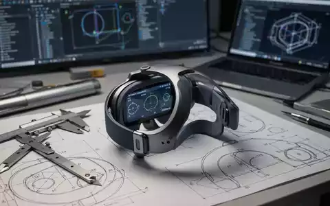 A close-up of a futuristic smartwatch or wearable tech component on a design desk, with engineering tools and blueprints. - Foto: über boerse-global.de