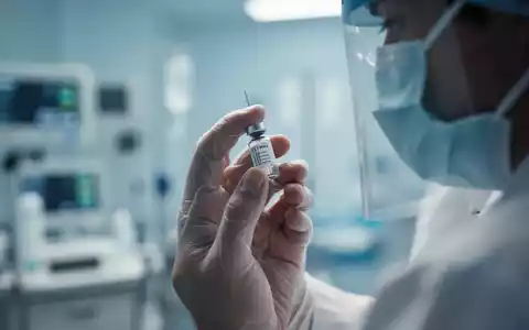 Nahaufnahme einer Hand, die eine Spritze oder ein medizinisches Fläschchen hält, mit unscharfem medizinischem Hintergrund. - Foto: über boerse-global.de