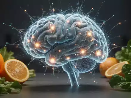 Gehirnscan mit leuchtenden neuronalen Verbindungen, umgeben von frischen Vitamin-C-reichen Lebensmitteln wie Orangen und Brokkoli. - Foto: über boerse-global.de