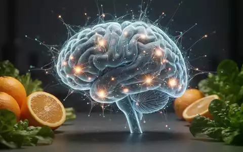 Gehirnscan mit leuchtenden neuronalen Verbindungen, umgeben von frischen Vitamin-C-reichen Lebensmitteln wie Orangen und Brokkoli. - Foto: ĂŒber boerse-global.de