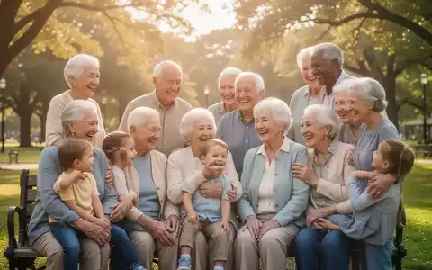 Eine Gruppe lächelnder Senioren, einige mit Enkelkindern, genießt einen sonnigen Tag in einem Park. - Foto: über boerse-global.de