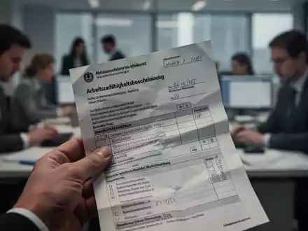 Eine Hand hält eine teilweise zerknitterte deutsche Arbeitsunfähigkeitsbescheinigung vor dem verschwommenen Hintergrund eines Büros. - Foto: über boerse-global.de