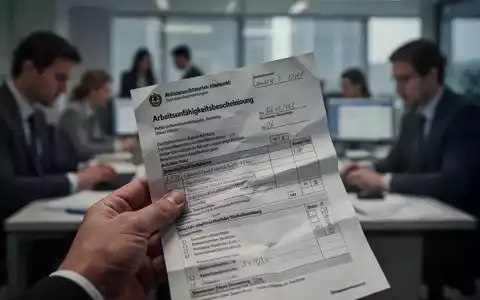 Eine Hand hält eine teilweise zerknitterte deutsche Arbeitsunfähigkeitsbescheinigung vor dem verschwommenen Hintergrund eines Büros. - Foto: über boerse-global.de