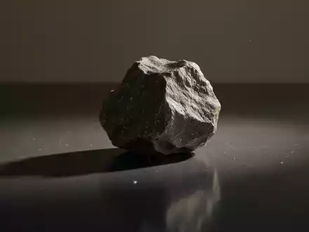 Ein einzelner, stiller, roher Mineralstein auf einer minimalistischen, reflektierenden dunklen Oberfläche mit langen Schatten. - Foto: über boerse-global.de