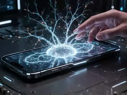 A futuristic smartphone with a glowing holographic AI interface, showing neural networks and data streams, in a professional tech setting. - Foto: über boerse-global.de