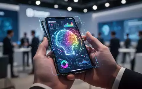 A hand holding a smartphone displaying a glowing, futuristic AI interface, with abstract colorful data visualizations. - Foto: über boerse-global.de