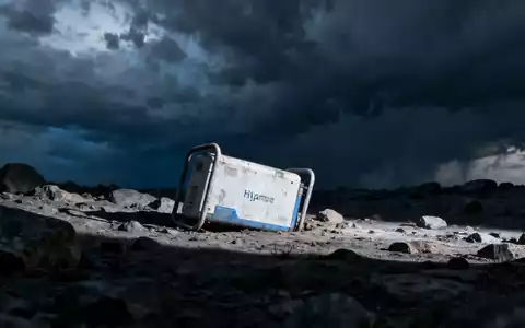 Eine deflatierte Wasserstoff-Brennstoffzelle in einer kargen Landschaft unter einem dunklen, stürmischen Himmel, die Verlust darstellt. - Foto: über boerse-global.de