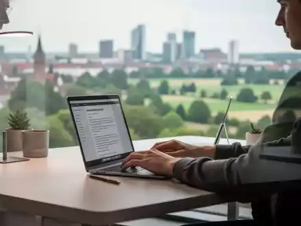 Person arbeitet an einem Laptop in einem modernen Homeoffice mit verschwommenem deutschen Stadtbild im Hintergrund. - Foto: über boerse-global.de
