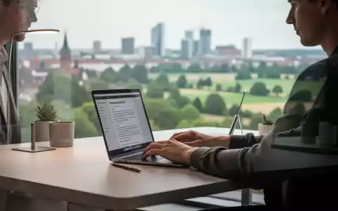 Person arbeitet an einem Laptop in einem modernen Homeoffice mit verschwommenem deutschen Stadtbild im Hintergrund. - Foto: über boerse-global.de