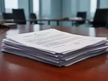 Ein Stapel deutscher Rechtsdokumente oder Verträge auf einem glänzenden Holzschreibtisch in einem Büro. - Foto: über boerse-global.de
