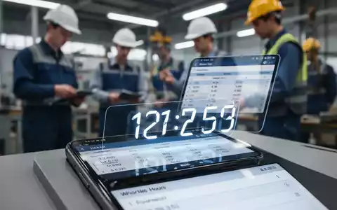 Ein modernes digitales Zeiterfassungssystem oder ein Smartphone zeigt Arbeitszeiten an, im Hintergrund verschwommen arbeitende Personen. - Foto: über boerse-global.de