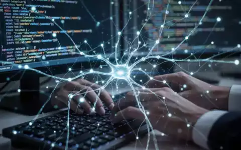 A stylized neural network diagram overlaid on hands typing code on a laptop, symbolizing AI coding tools. - Foto: über boerse-global.de