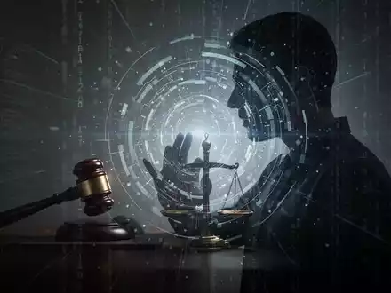 A somber human silhouette interacts with a glowing AI interface, symbolizing the legal and ethical challenges of artificial intelligence. - Foto: über boerse-global.de