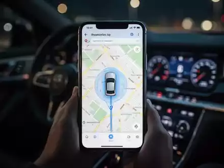 Ein Smartphone zeigt eine Karte mit einem verfolgten Fahrzeugsymbol, im Hintergrund ein unscharfes Autointerieur bei Nacht. - Foto: ĂŒber boerse-global.de