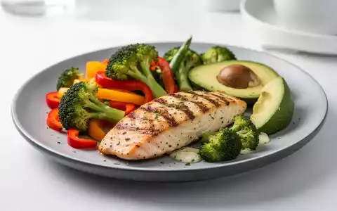 Ein appetitlich angerichtetes, proteinreiches und kohlenhydratarmes Gericht mit Hähnchen, Gemüse und Avocado auf einem modernen Teller. - Foto: über boerse-global.de