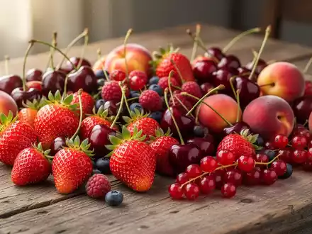 Ein Stillleben mit frischen, reifen saisonalen Früchten wie Erdbeeren, Kirschen und Johannisbeeren auf einem Holztisch. - Foto: über boerse-global.de