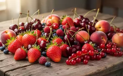 Ein Stillleben mit frischen, reifen saisonalen Früchten wie Erdbeeren, Kirschen und Johannisbeeren auf einem Holztisch. - Foto: über boerse-global.de