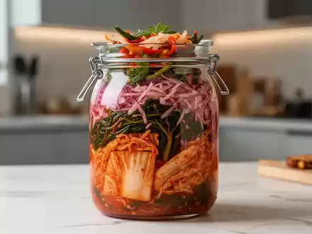 Nahaufnahme eines Glases mit farbenfrohen fermentierten veganen Lebensmitteln wie Kimchi, Sauerkraut und Tempeh in einer Küche. - Foto: über boerse-global.de