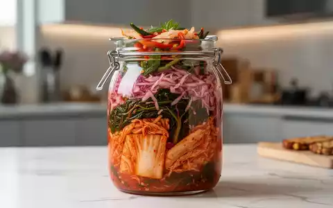 Nahaufnahme eines Glases mit farbenfrohen fermentierten veganen Lebensmitteln wie Kimchi, Sauerkraut und Tempeh in einer Küche. - Foto: über boerse-global.de