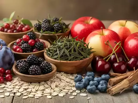 Eine Nahaufnahme einer Anordnung von gesunden Lebensmitteln, darunter Pflaumen, Beeren, Äpfel, Hafer und grüner Tee. - Foto: über boerse-global.de